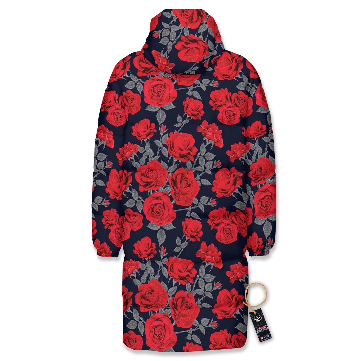 Rose Red Print Pattern Long Down Jacket-grizzshop