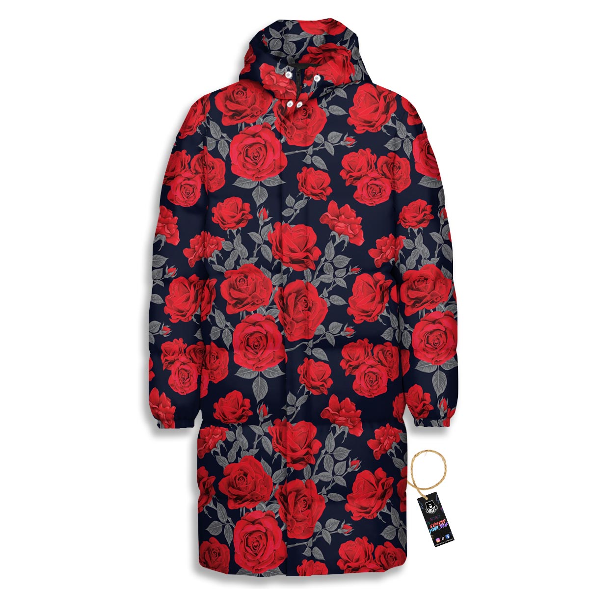 Rose Red Print Pattern Long Down Jacket-grizzshop