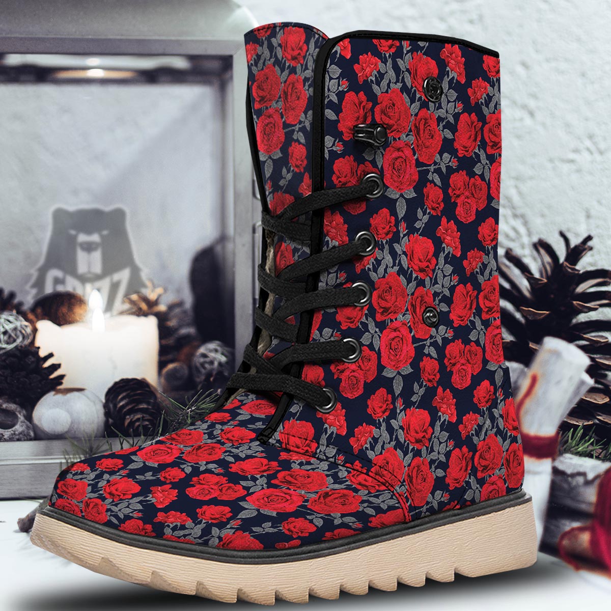 Rose Red Print Pattern Snow Boots-grizzshop