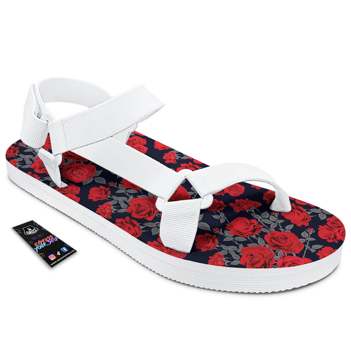 Rose Red Print Pattern White Open Toe Sandals-grizzshop
