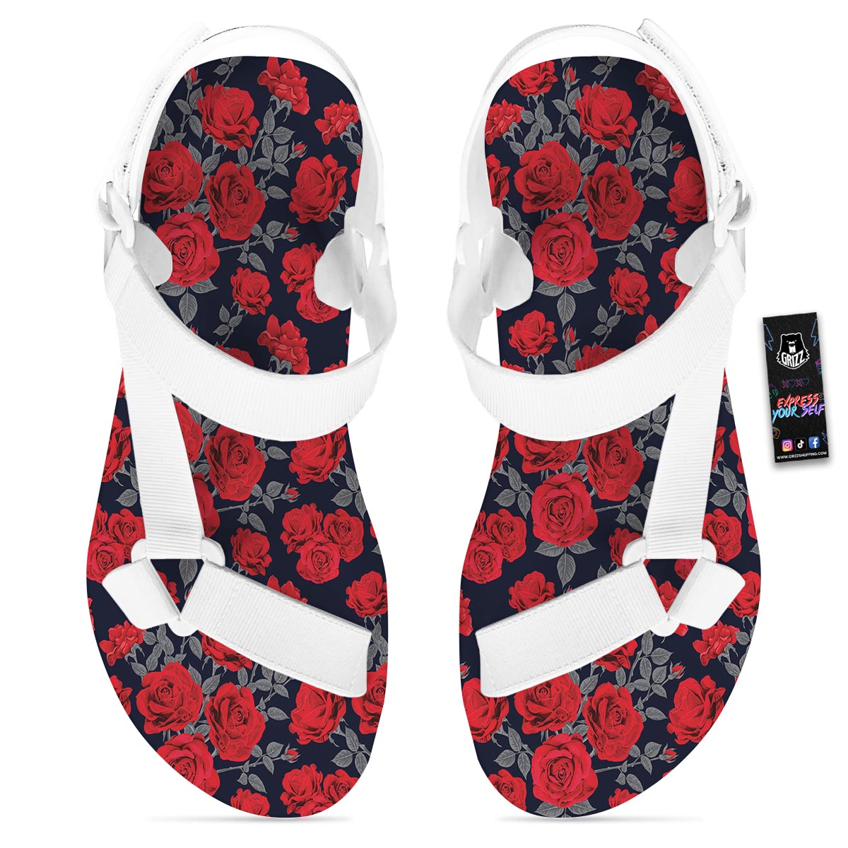 Rose Red Print Pattern White Open Toe Sandals-grizzshop