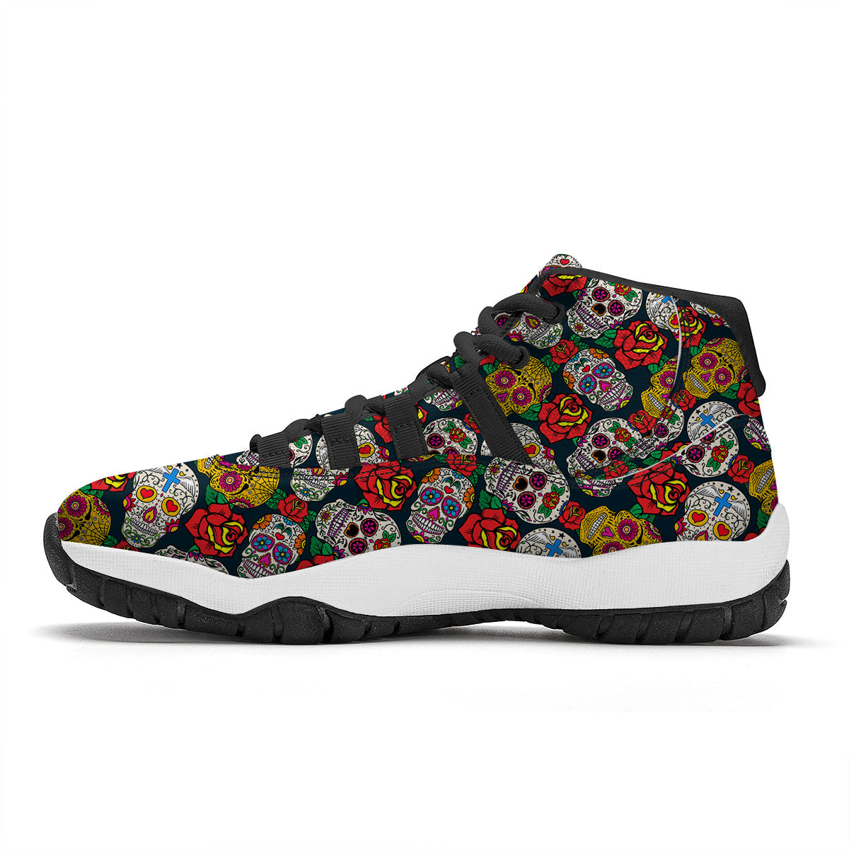 Rose Sugar Skull Skeleton Girly Floral Pattern Print Black Bball Shoes-grizzshop