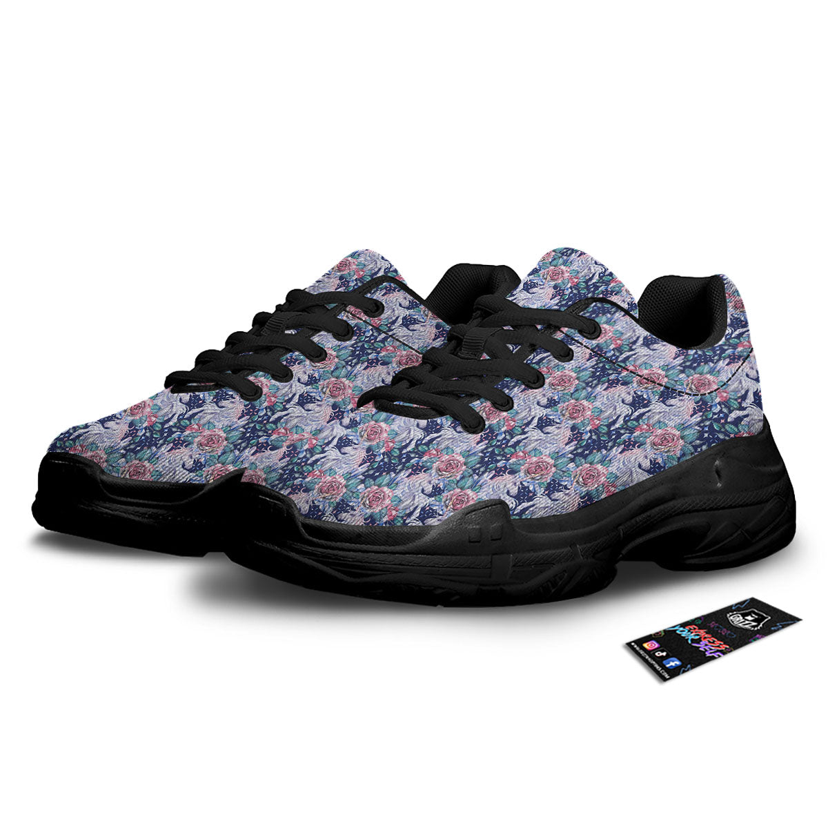 Rose Unicorn Blue Fairy Print Pattern Black Chunky Shoes-grizzshop