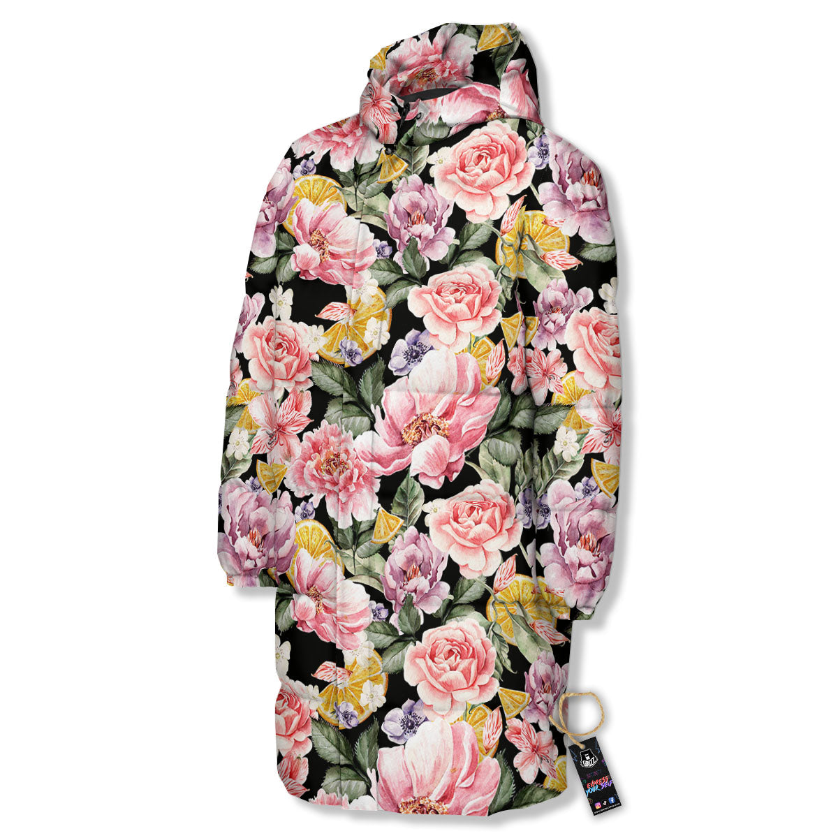 Rose Vintage Print Pattern Long Down Jacket-grizzshop
