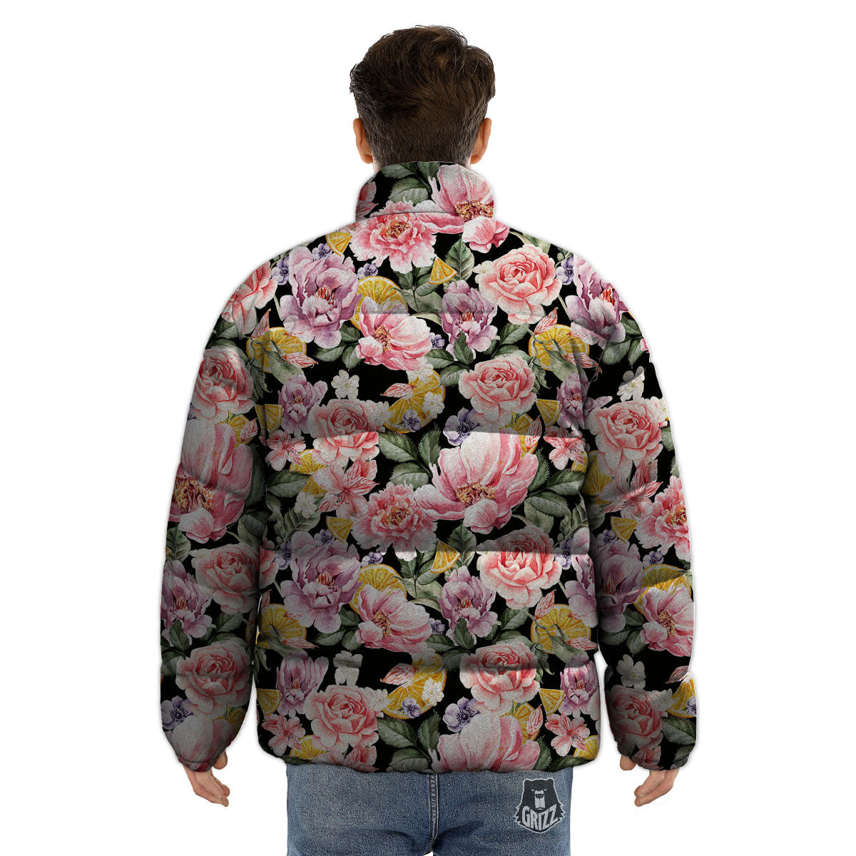 Rose Vintage Print Pattern Puffer Jacket-grizzshop