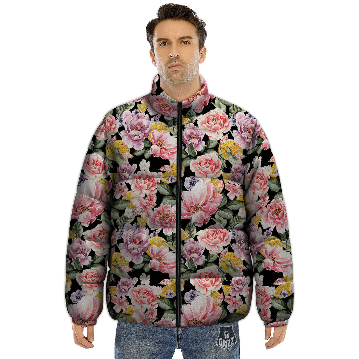Rose Vintage Print Pattern Puffer Jacket-grizzshop