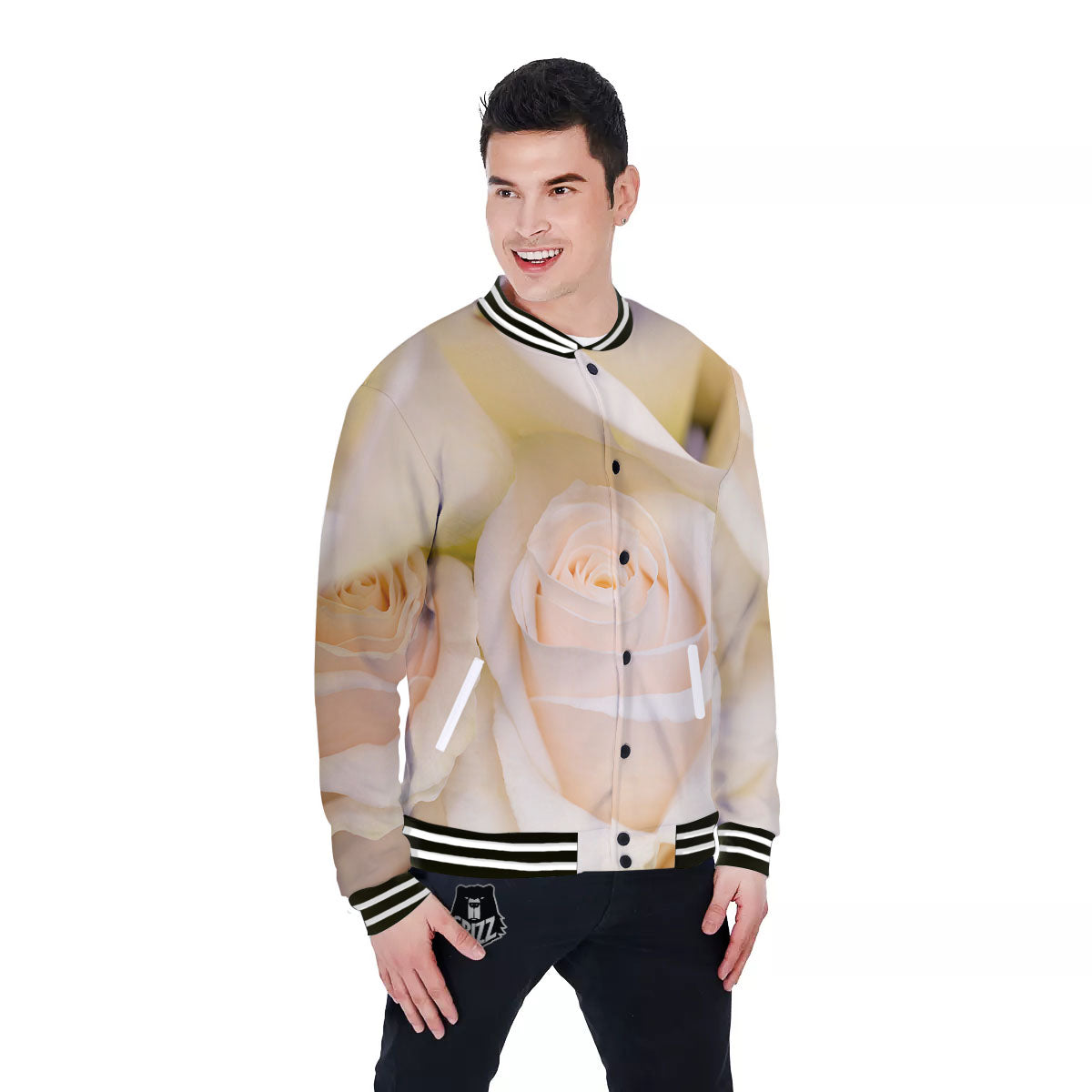 Rose White Print Baseball Jacket-grizzshop