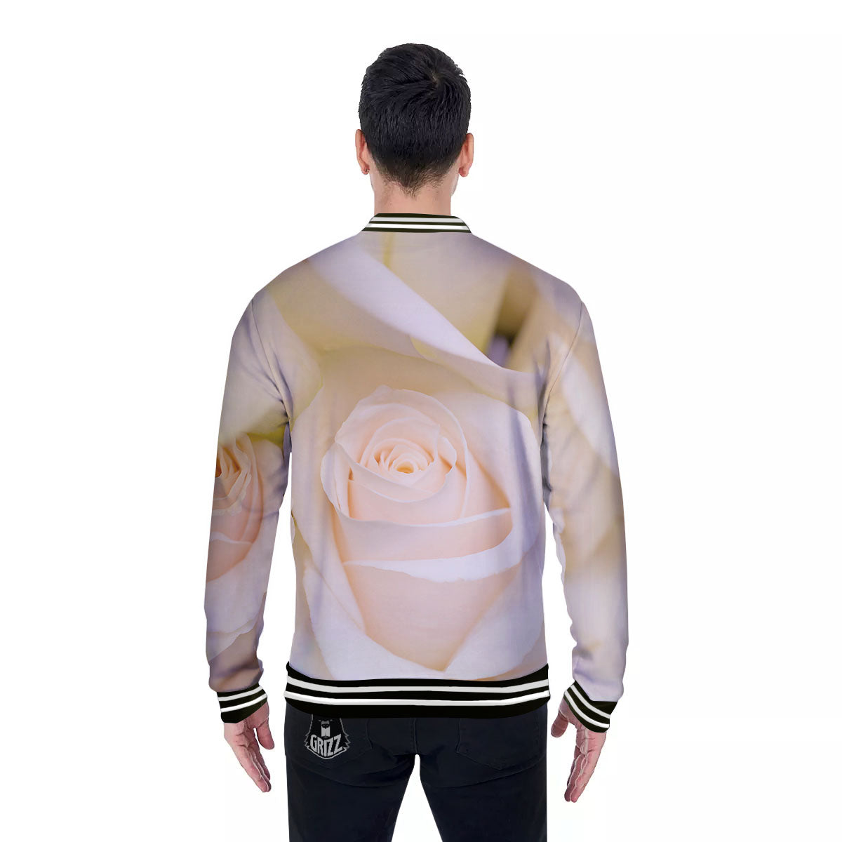 Rose White Print Baseball Jacket-grizzshop