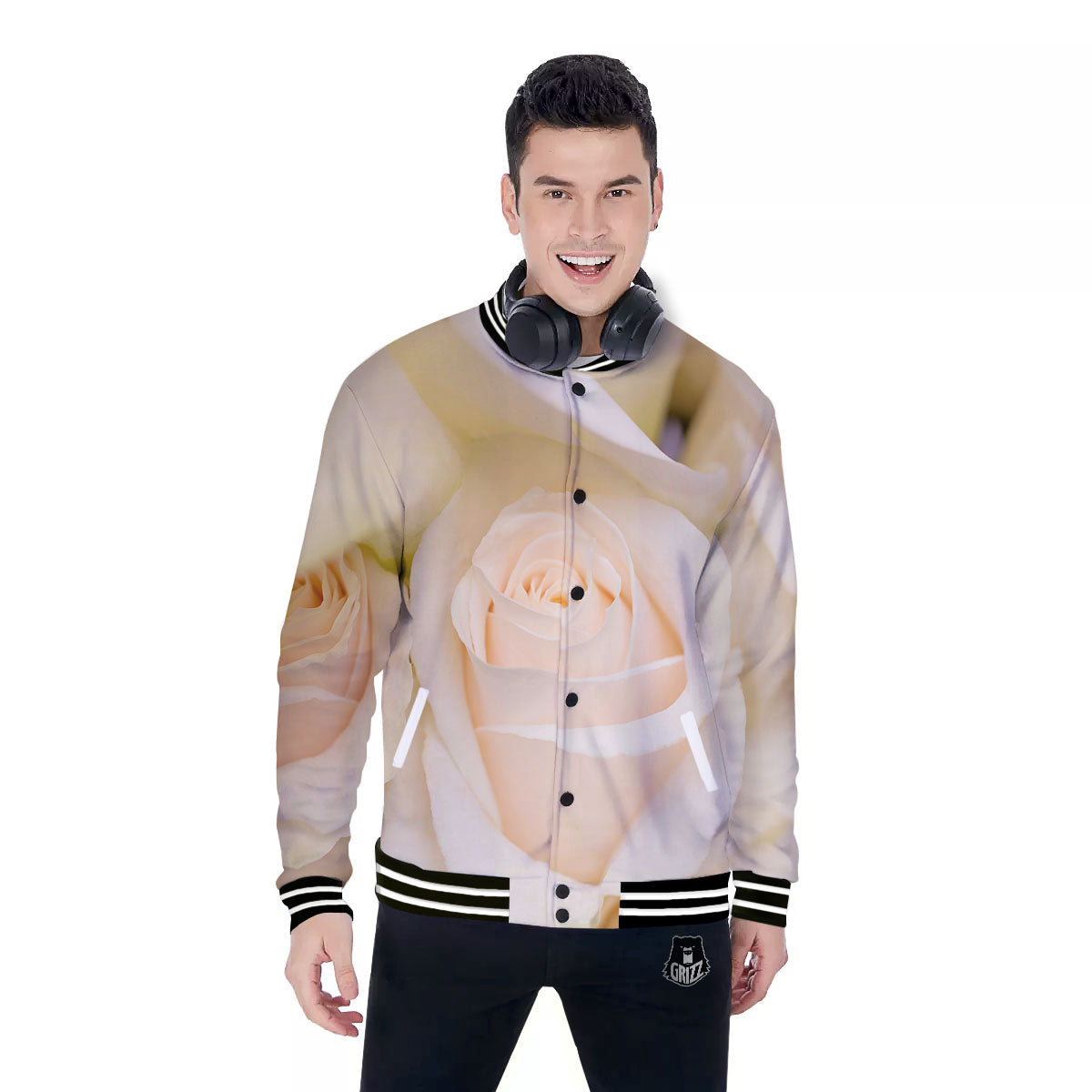 Rose White Print Baseball Jacket-grizzshop