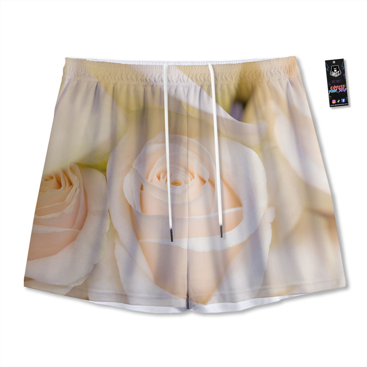 Rose White Print Mesh Shorts