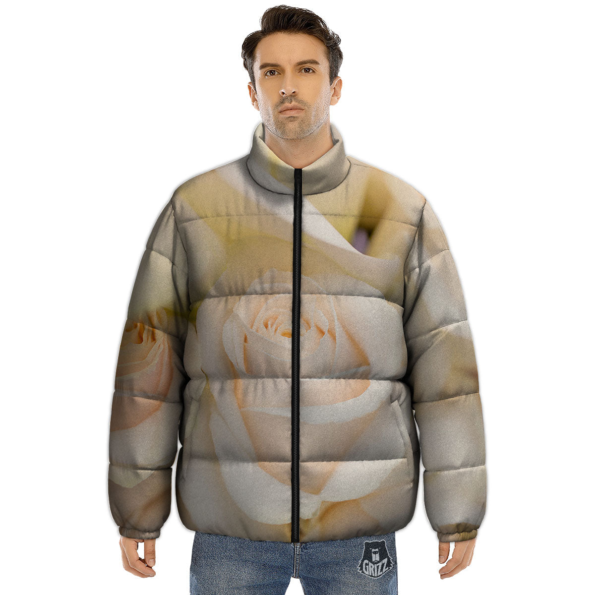 Rose White Print Puffer Jacket-grizzshop