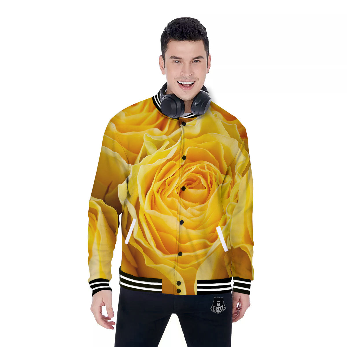 Rose Yellow Print Baseball Jacket-grizzshop