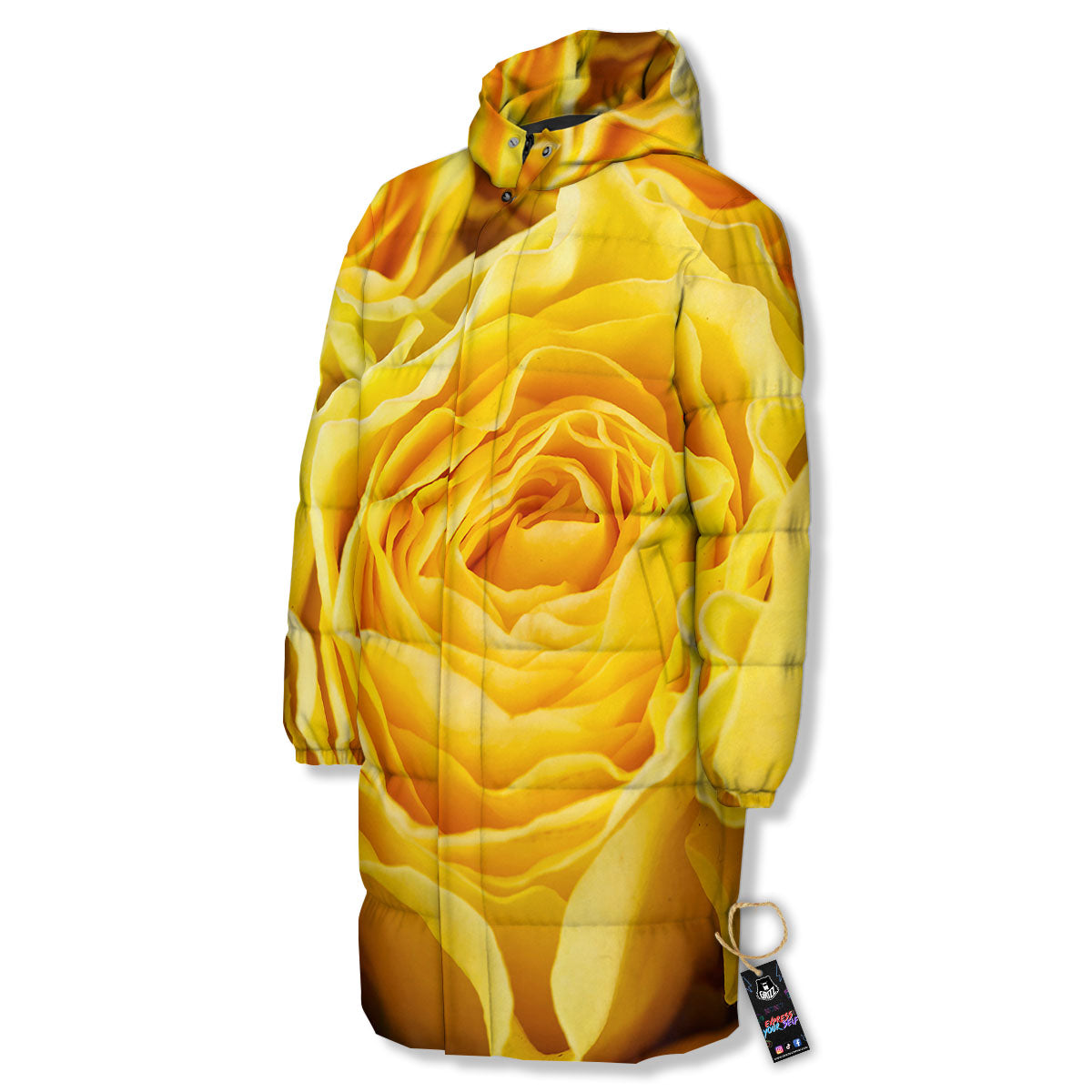 Rose Yellow Print Long Down Jacket-grizzshop