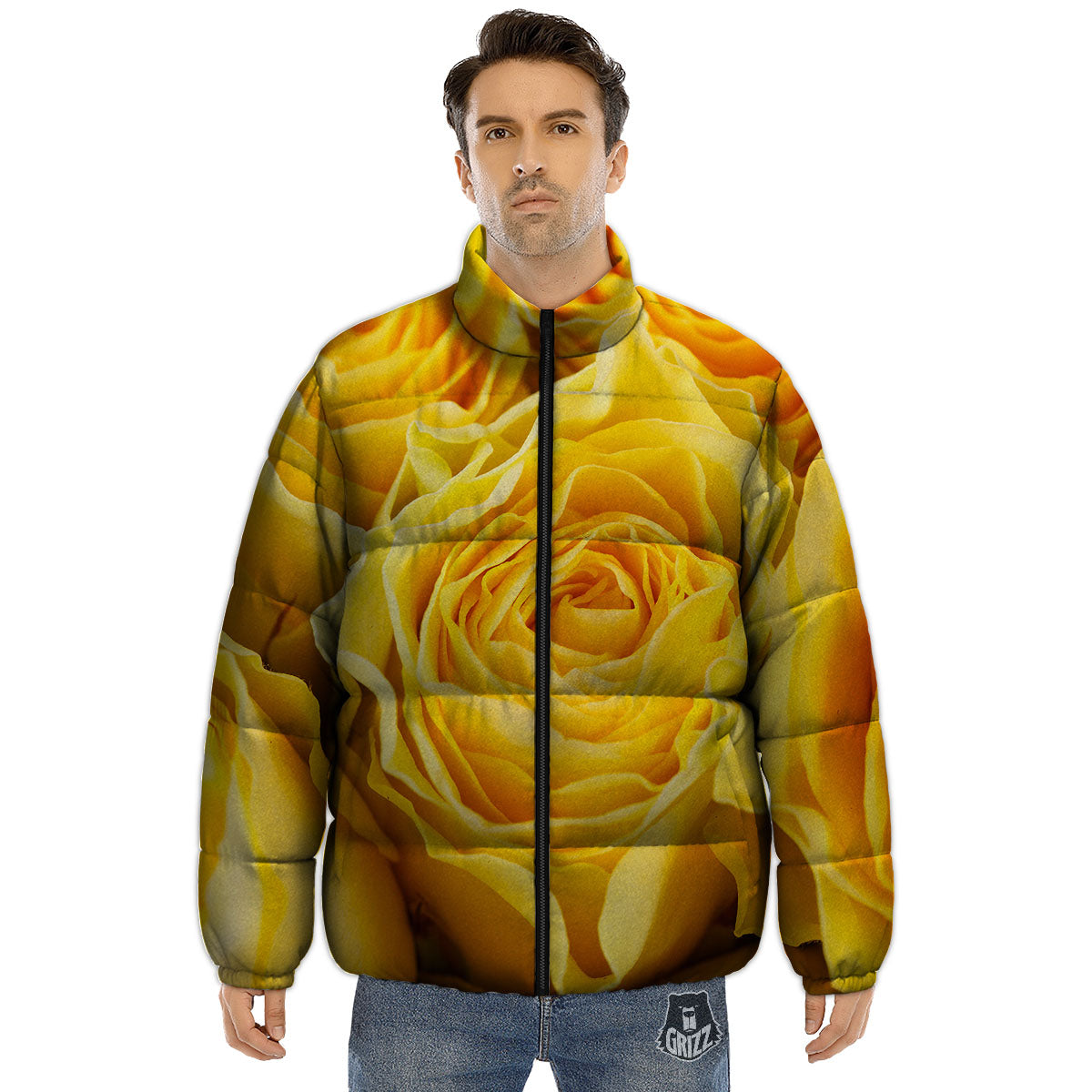 Rose Yellow Print Puffer Jacket-grizzshop