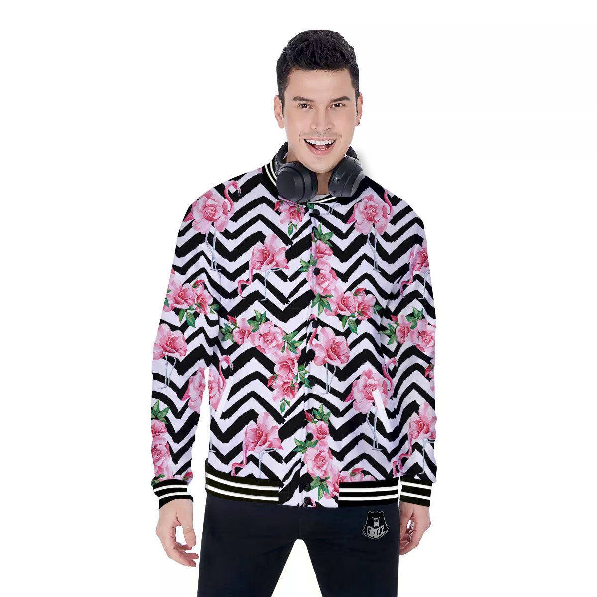 Rose Zigzag Pink Print Pattern Baseball Jacket-grizzshop