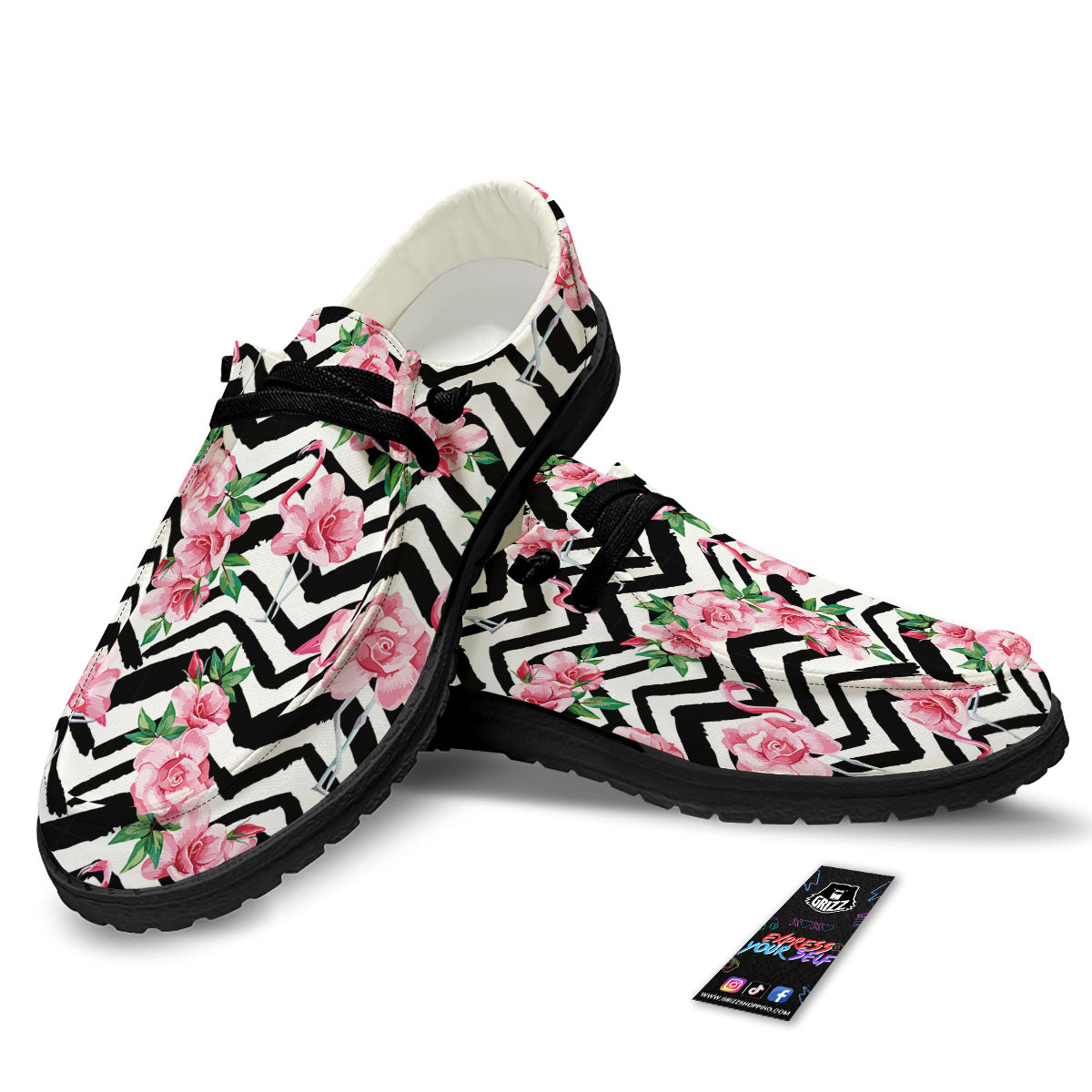 Rose Zigzag Pink Print Pattern Black Loafers-grizzshop
