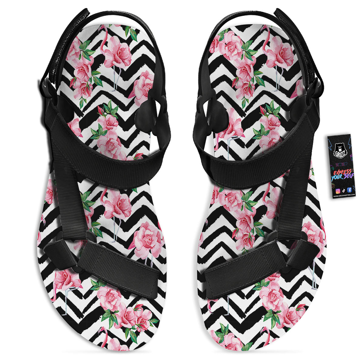 Rose Zigzag Pink Print Pattern Black Open Toe Sandals-grizzshop