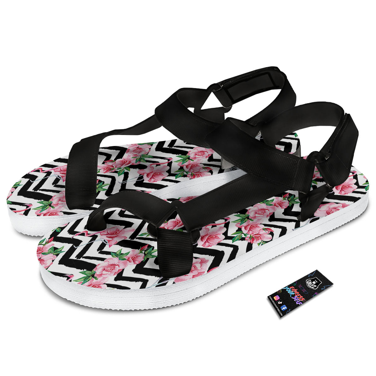 Rose Zigzag Pink Print Pattern Black Open Toe Sandals-grizzshop