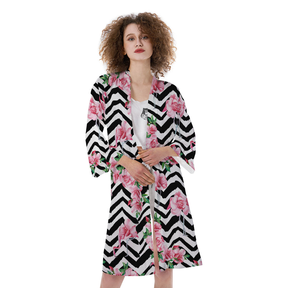 Rose Zigzag Pink Print Pattern Kimono-grizzshop