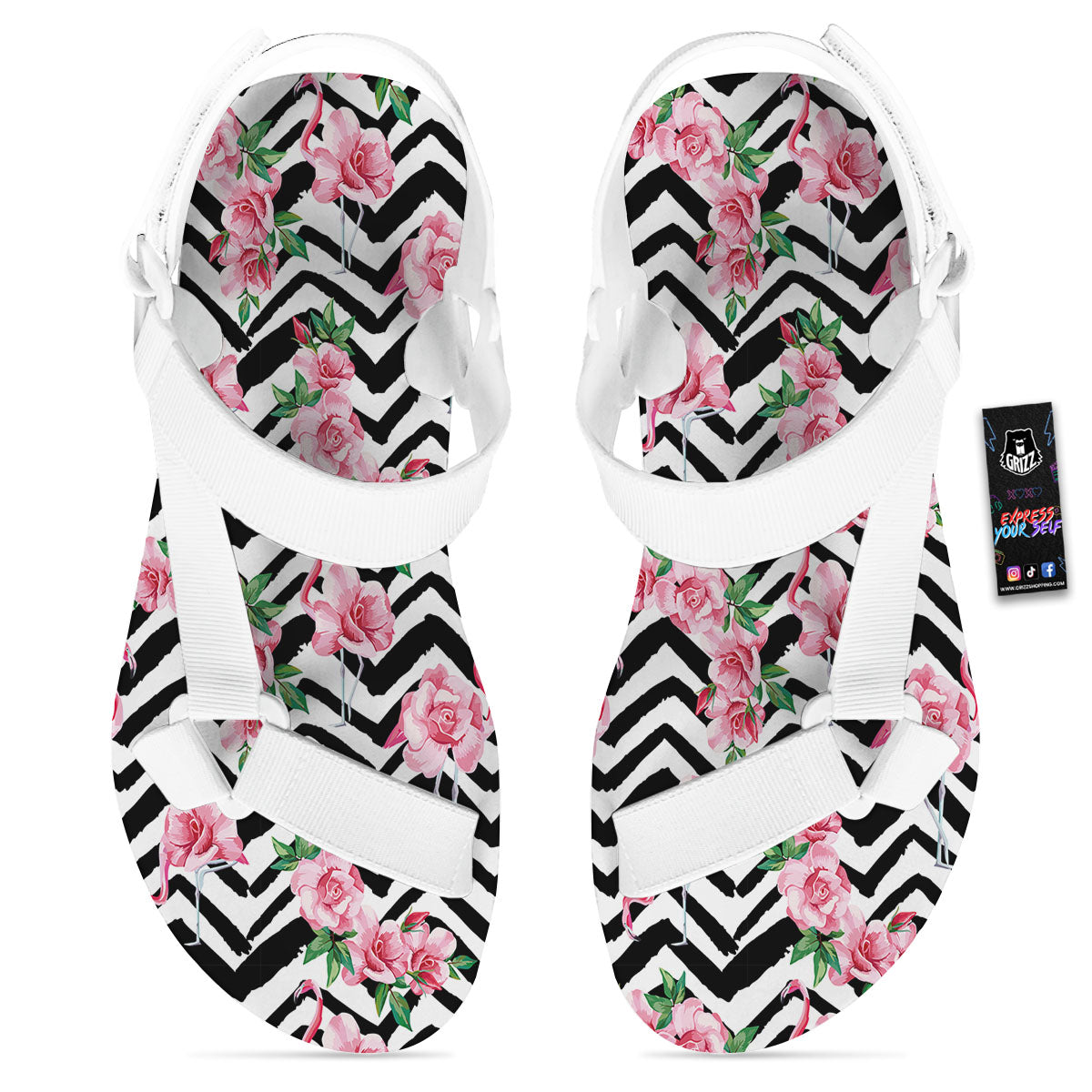 Rose Zigzag Pink Print Pattern White Open Toe Sandals-grizzshop