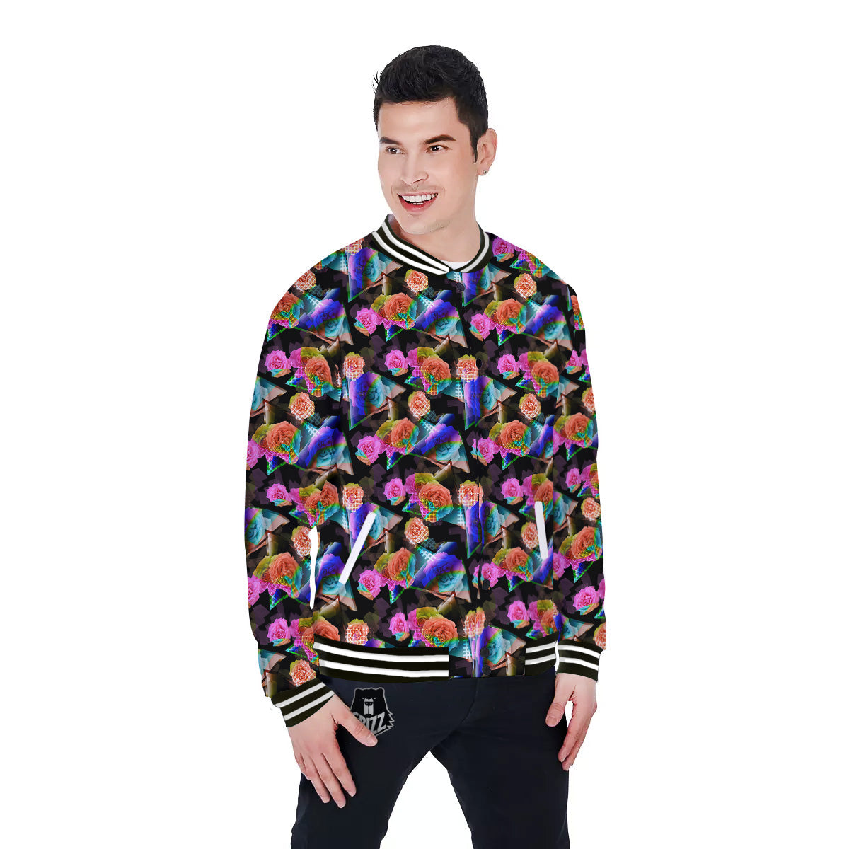 Roses Colorful Gradient Triangle Print Pattern Baseball Jacket-grizzshop