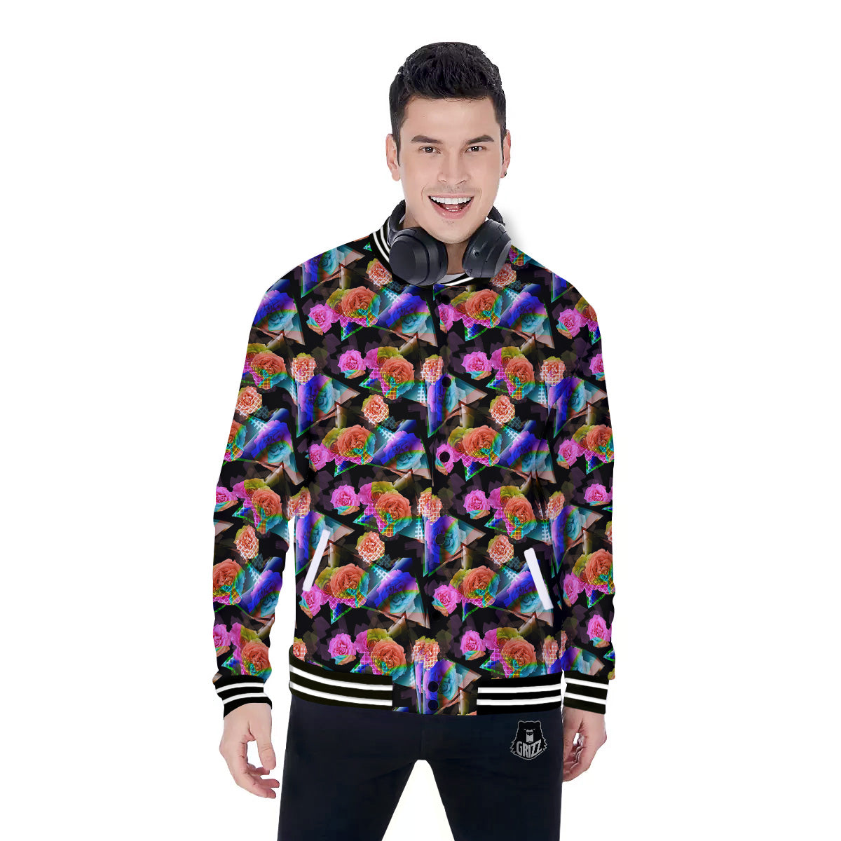 Roses Colorful Gradient Triangle Print Pattern Baseball Jacket-grizzshop