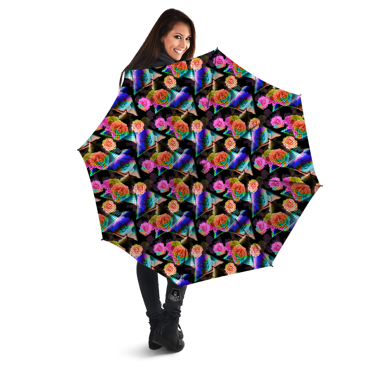 Roses Colorful Gradient Triangle Print Pattern Umbrella-grizzshop