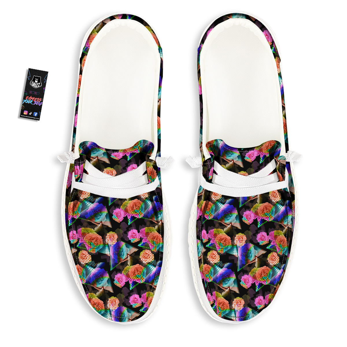 Roses Colorful Gradient Triangle Print Pattern White Loafers-grizzshop