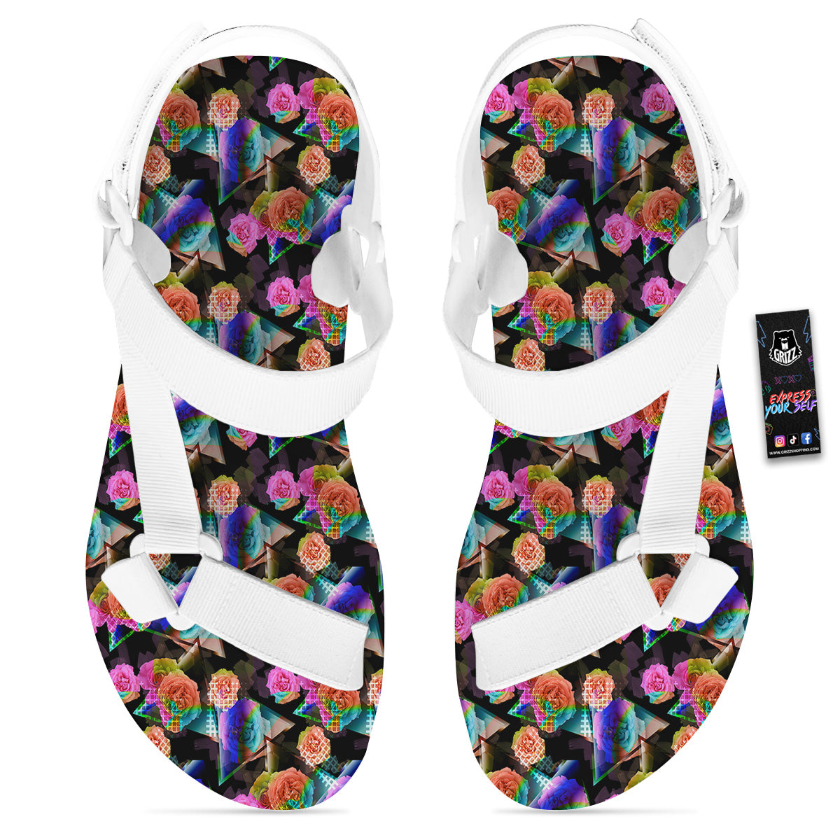 Roses Colorful Gradient Triangle Print Pattern White Open Toe Sandals-grizzshop