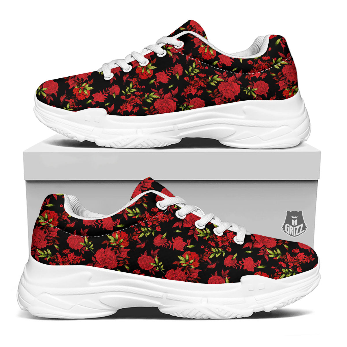 Roses Floral Red And Black Print White Chunky Shoes-grizzshop