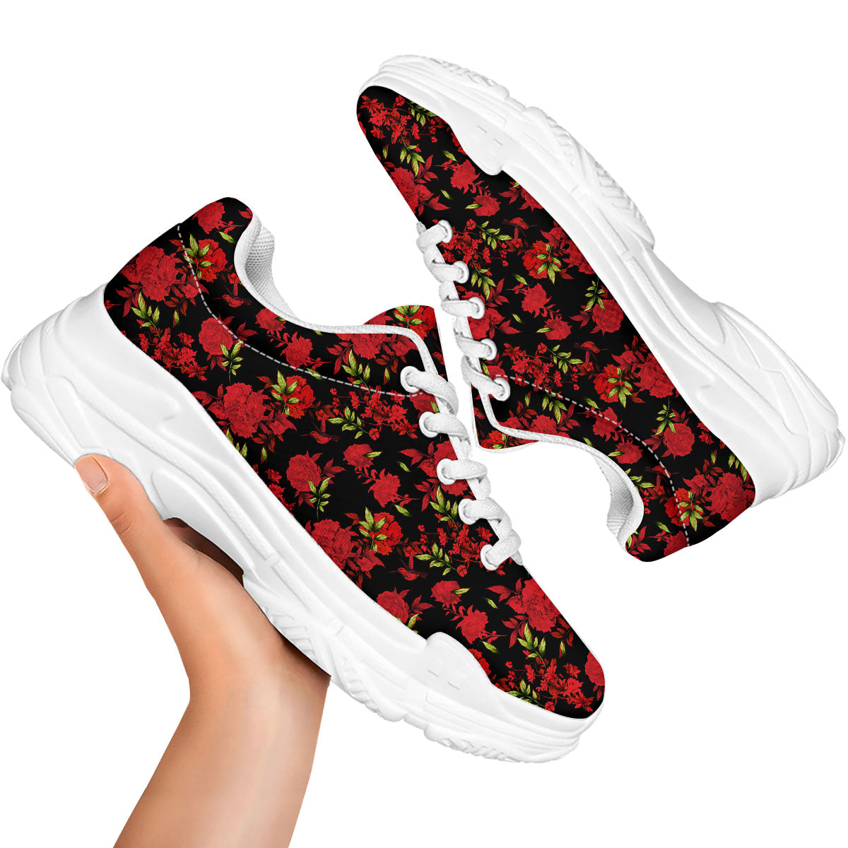 Roses Floral Red And Black Print White Chunky Shoes-grizzshop