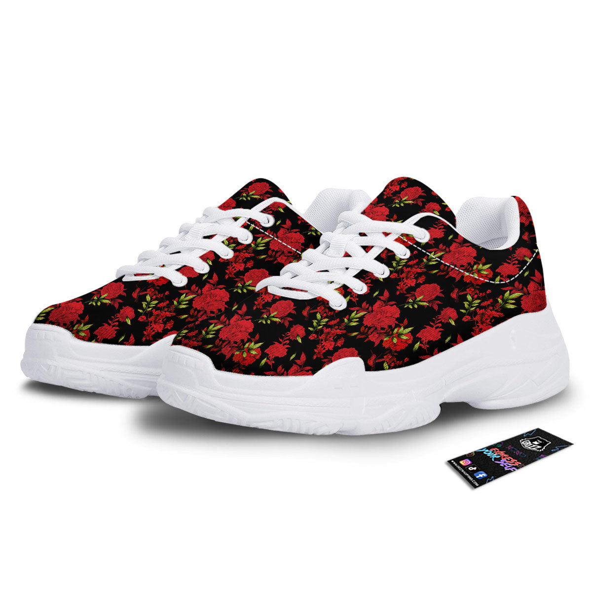 Roses Floral Red And Black Print White Chunky Shoes-grizzshop