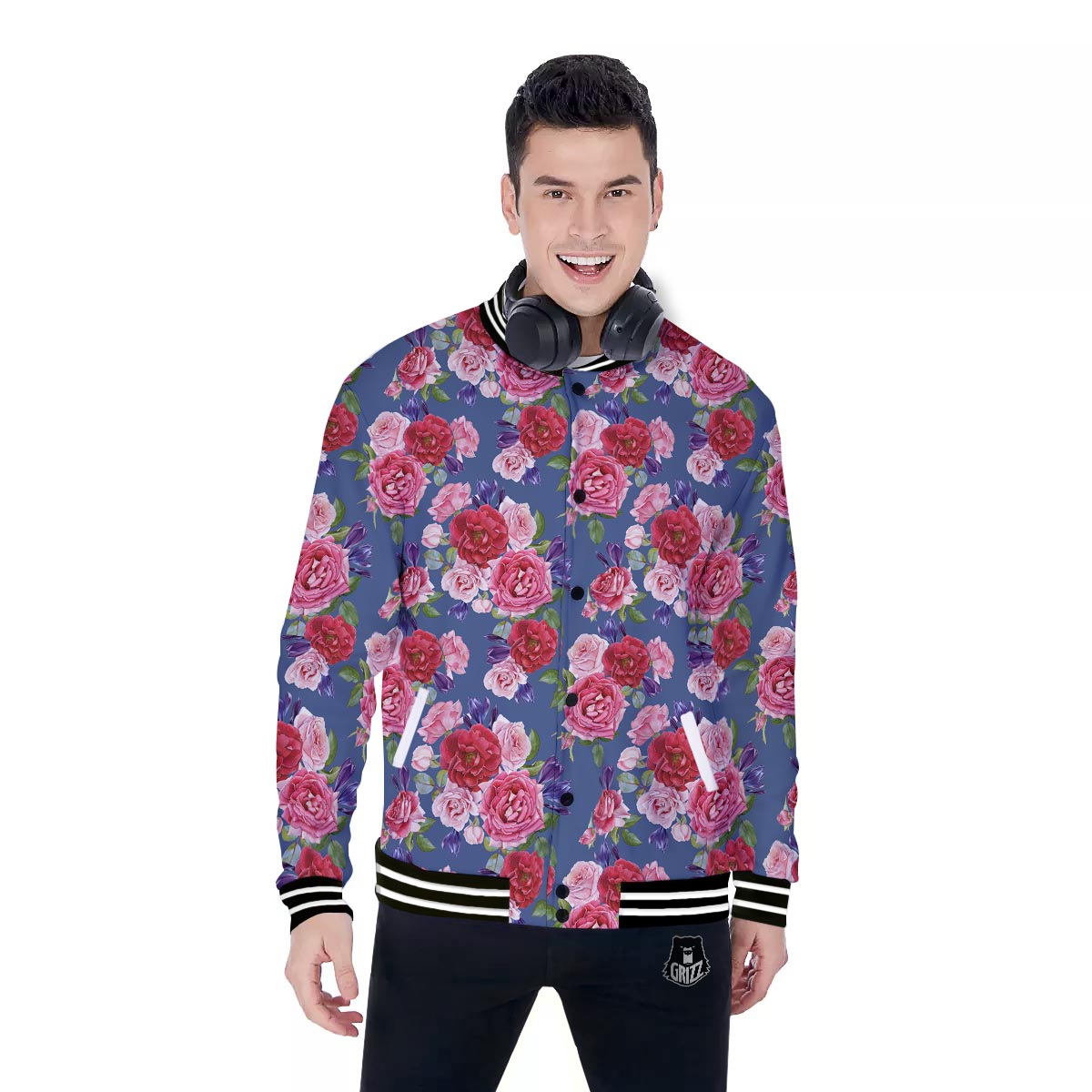 Roses Floral Red Violet Print Pattern Baseball Jacket-grizzshop