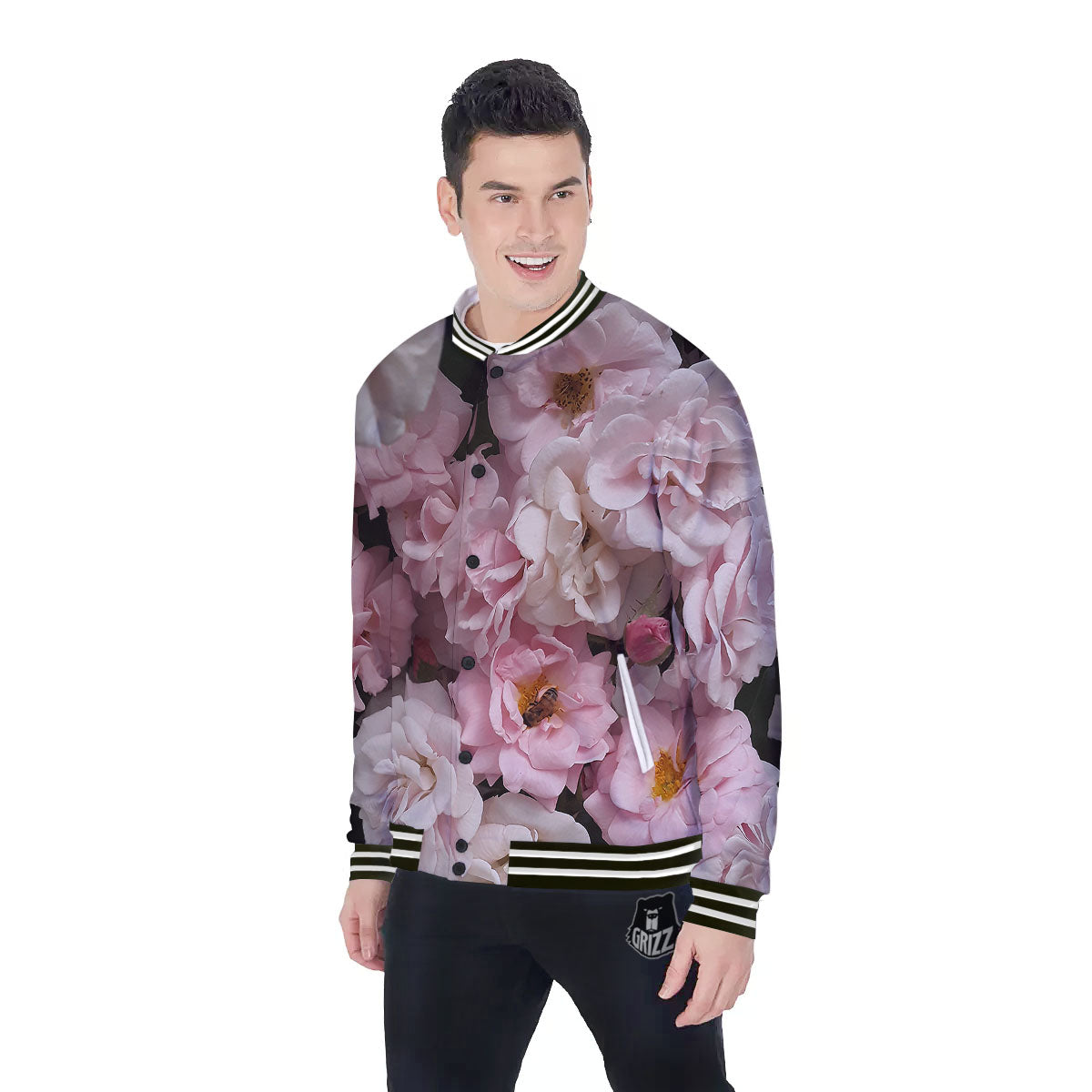 Roses Floral Retro Pink Print Baseball Jacket-grizzshop