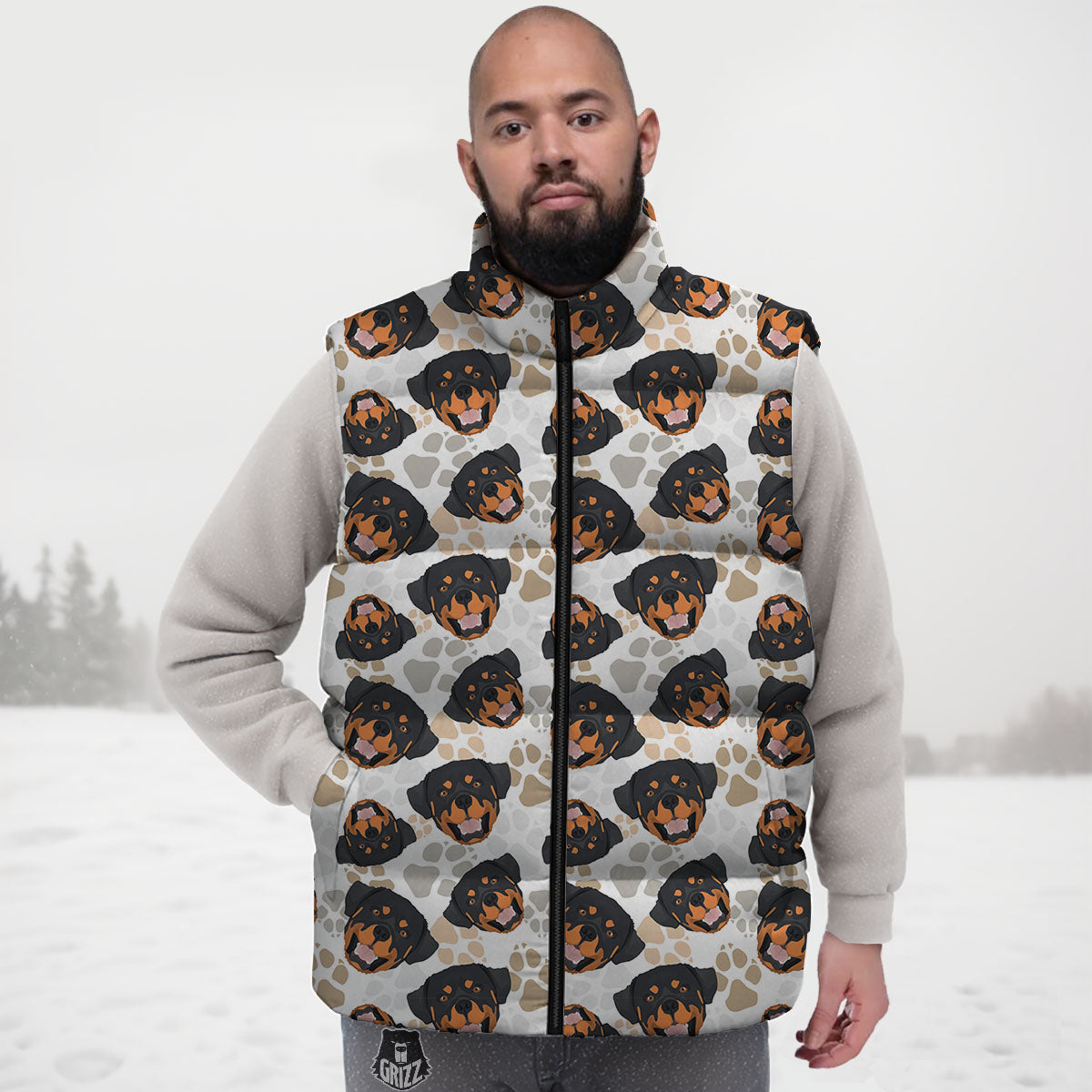 Rottweiler Print Pattern Down Vest-grizzshop