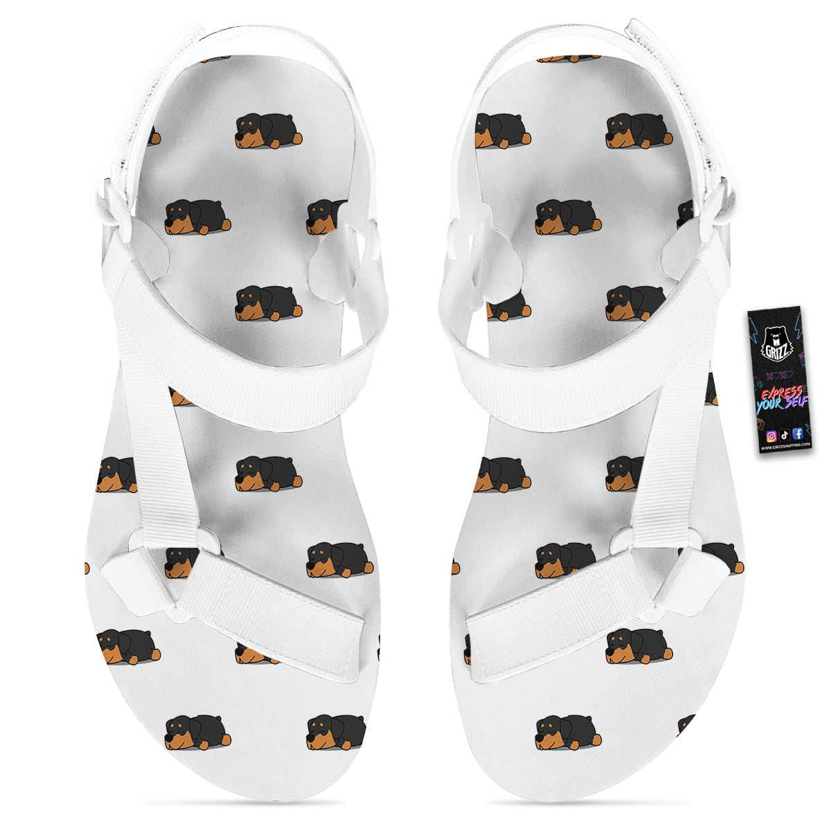Rottweiler Sleeping Print Pattern White Open Toe Sandals-grizzshop