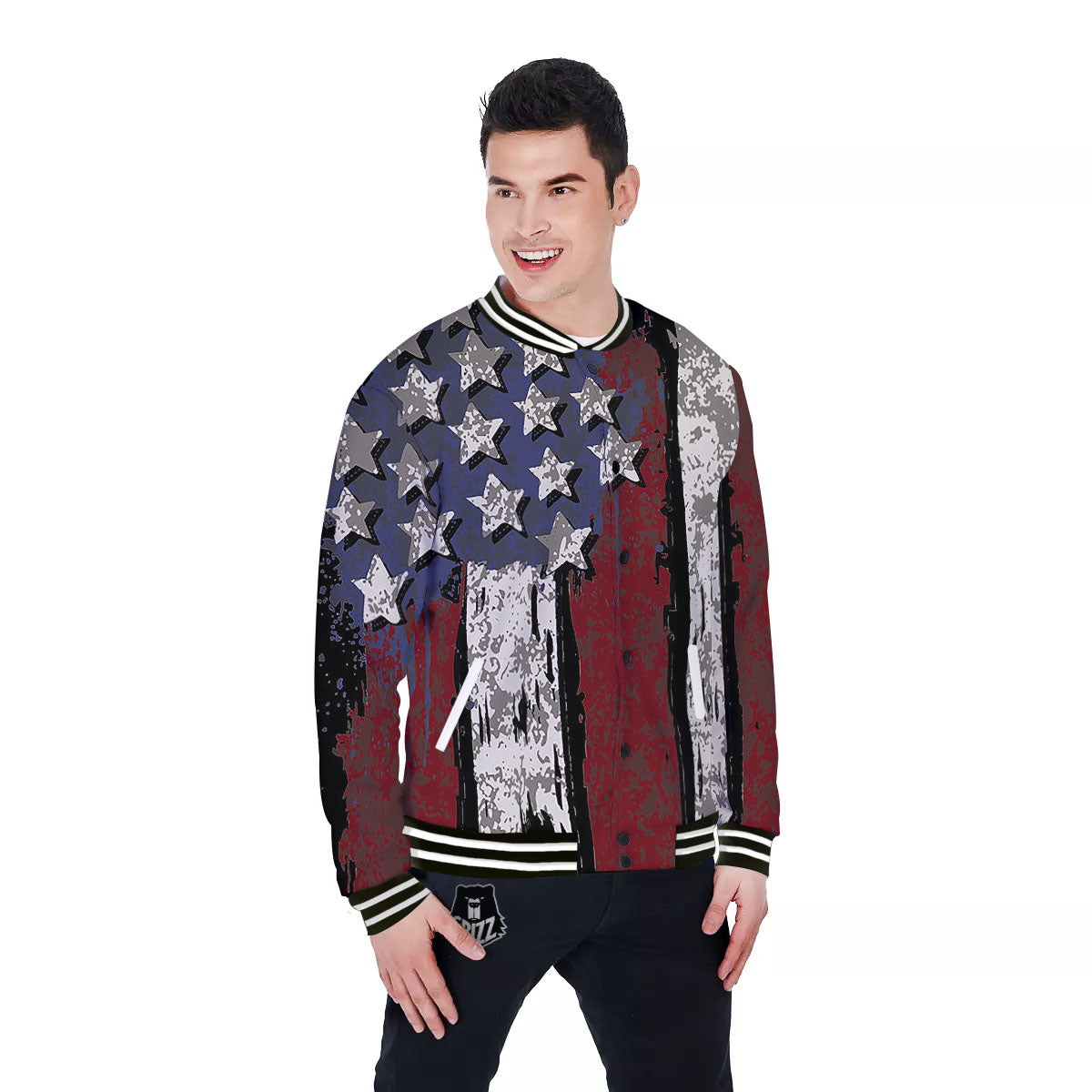 Rough American Flag Print Baseball Jacket-grizzshop