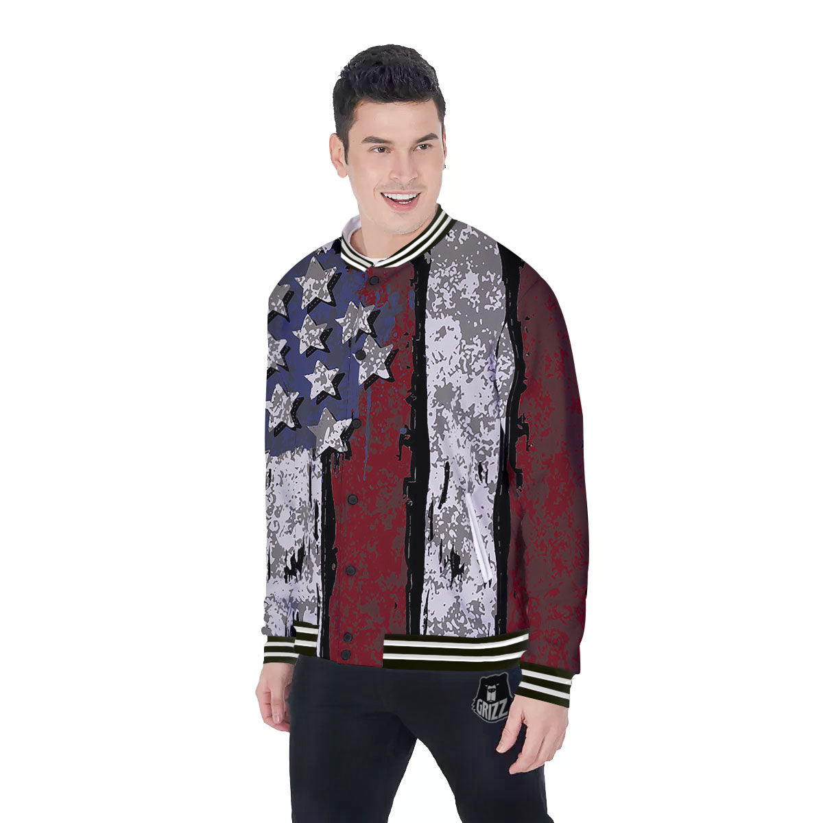 Rough American Flag Print Baseball Jacket-grizzshop