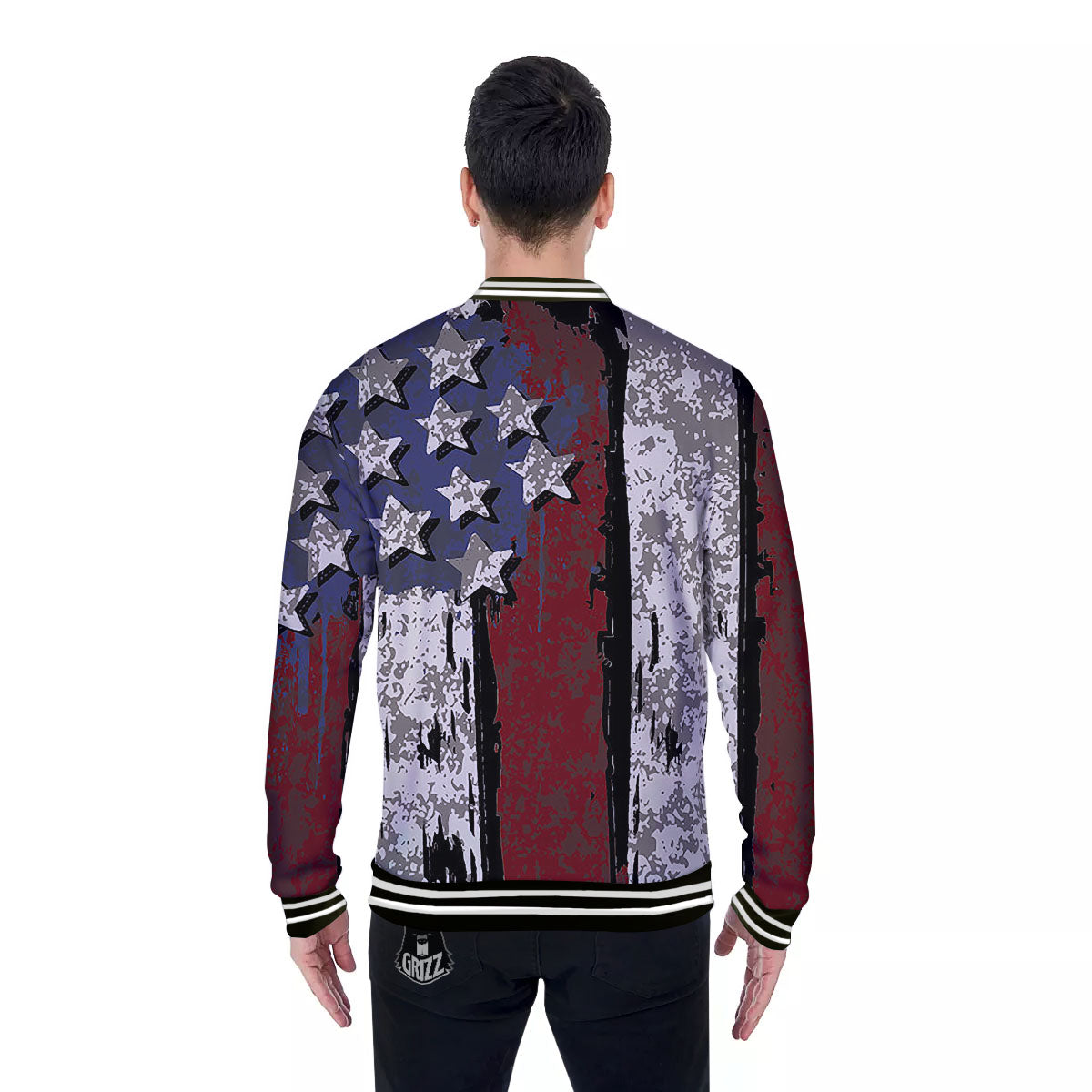 Rough American Flag Print Baseball Jacket-grizzshop