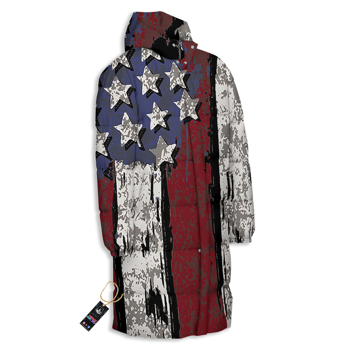 Rough American Flag Print Long Down Jacket-grizzshop