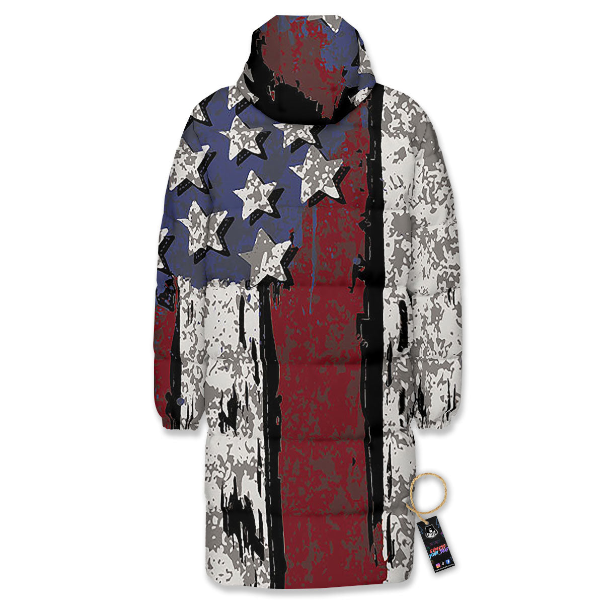 Rough American Flag Print Long Down Jacket-grizzshop