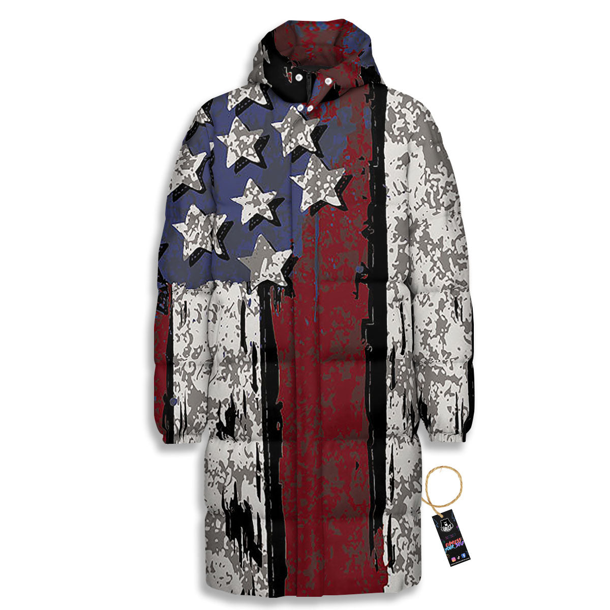 Rough American Flag Print Long Down Jacket-grizzshop