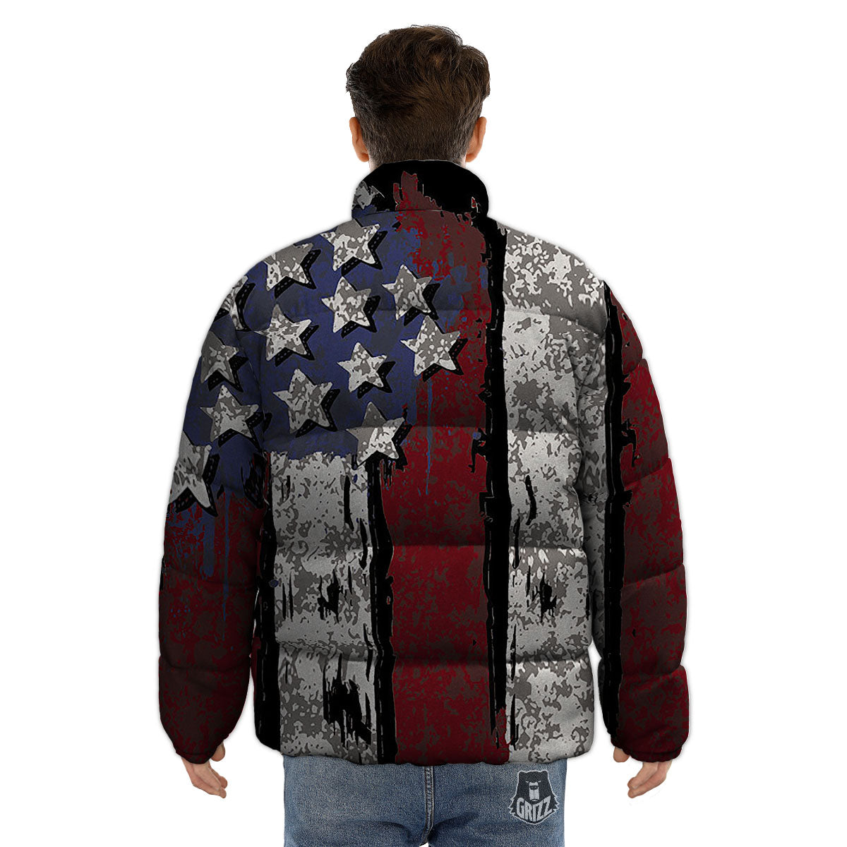 Rough American Flag Print Puffer Jacket-grizzshop