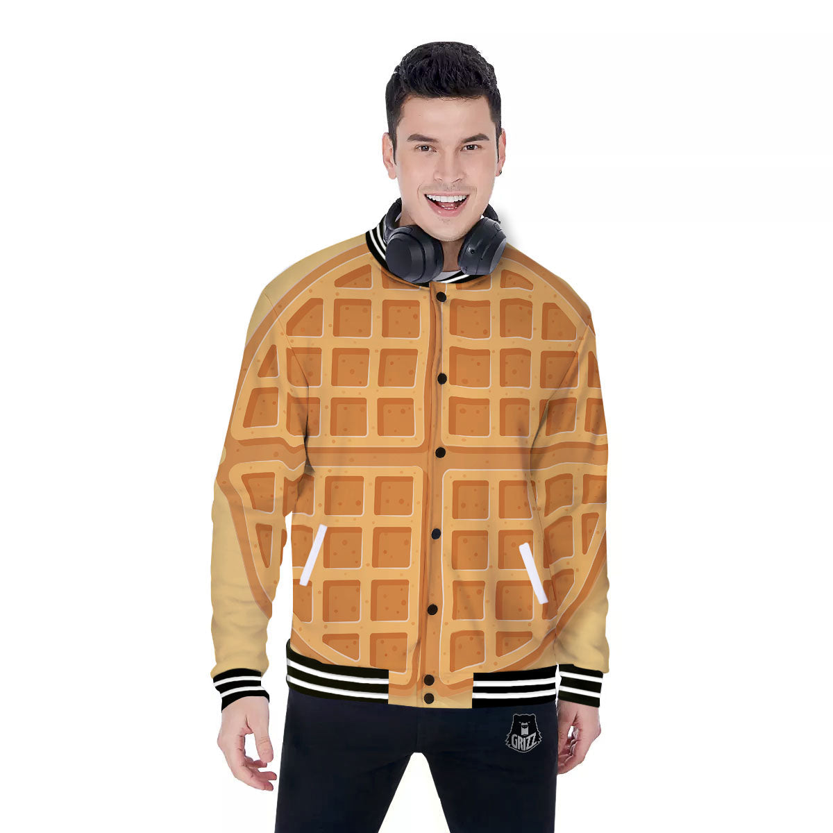Round Waffle Print Baseball Jacket-grizzshop