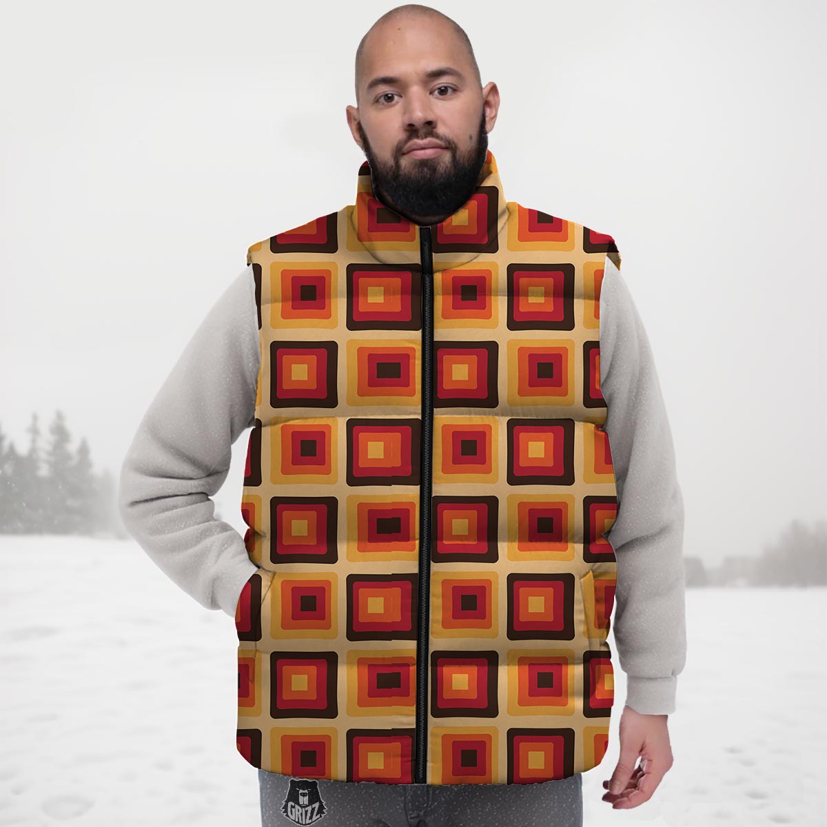 Rounded Square Retro Geometric Print Pattern Down Vest-grizzshop