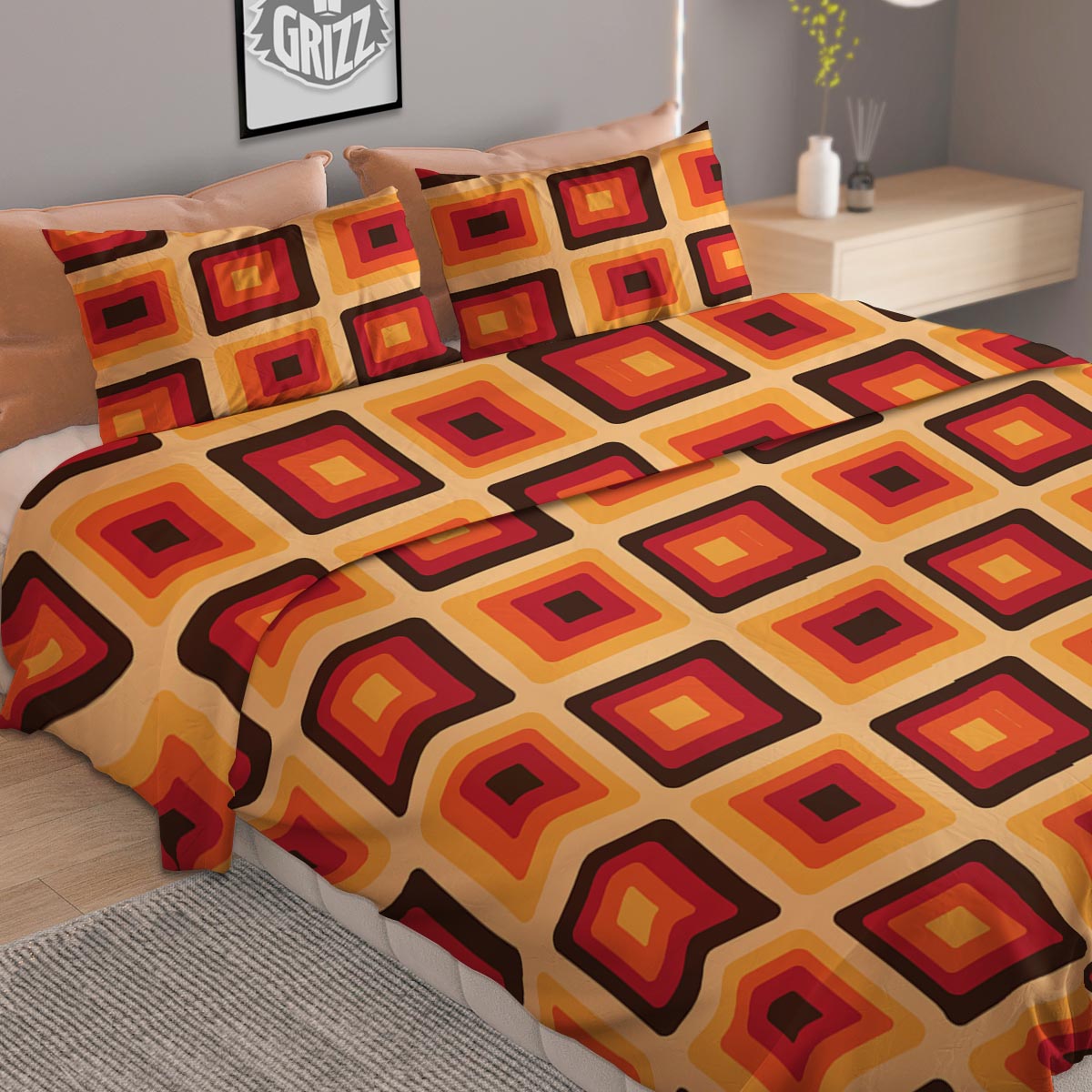 Rounded Square Retro Geometric Print Pattern Duvet Cover Bedding Set-grizzshop