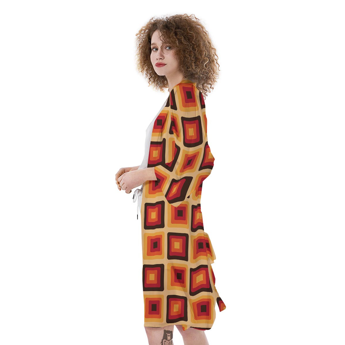 Rounded Square Retro Geometric Print Pattern Kimono-grizzshop