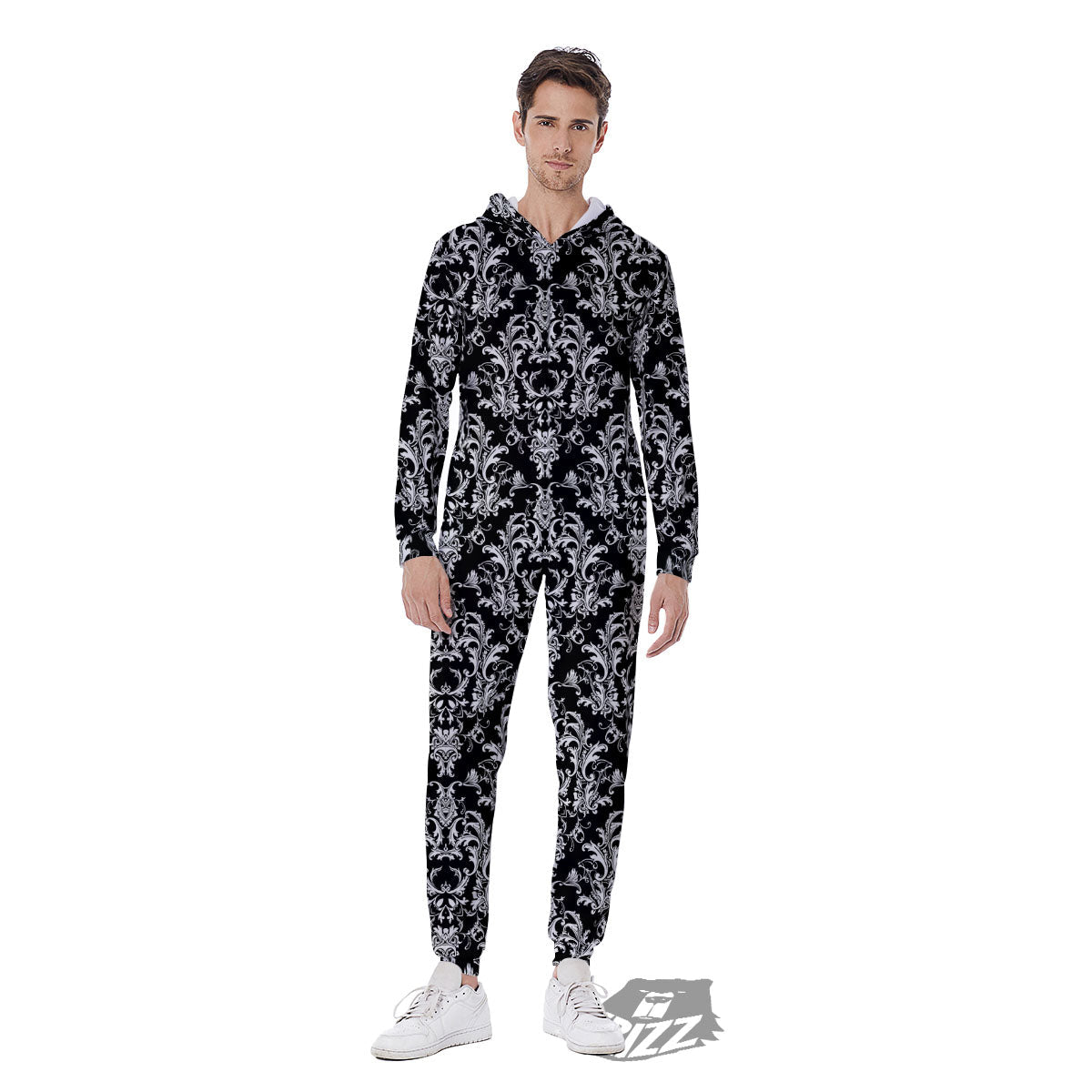 Royal Damask White And Black Print Pattern Men's Jumpsuit-grizzshop