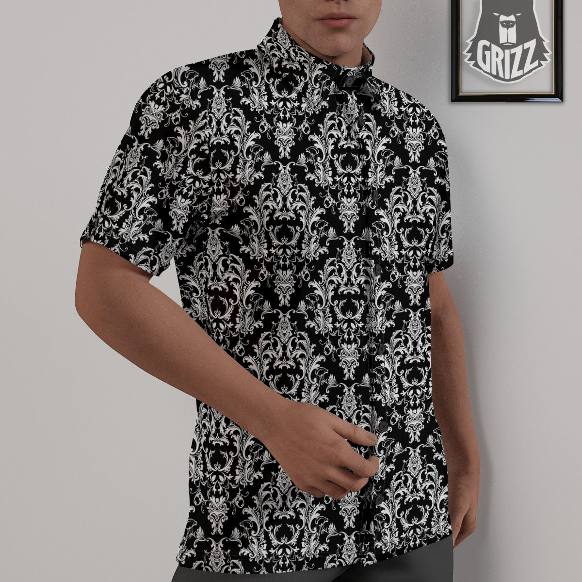 Royal Damask White And Black Print Pattern Untucked Shirts-grizzshop