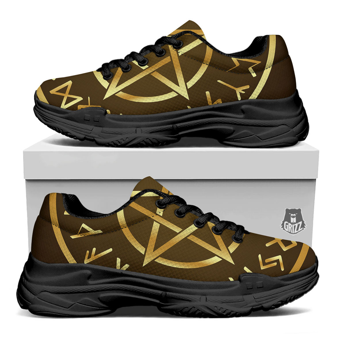 Runes Pentagram Viking Nordic Print Black Chunky Shoes-grizzshop